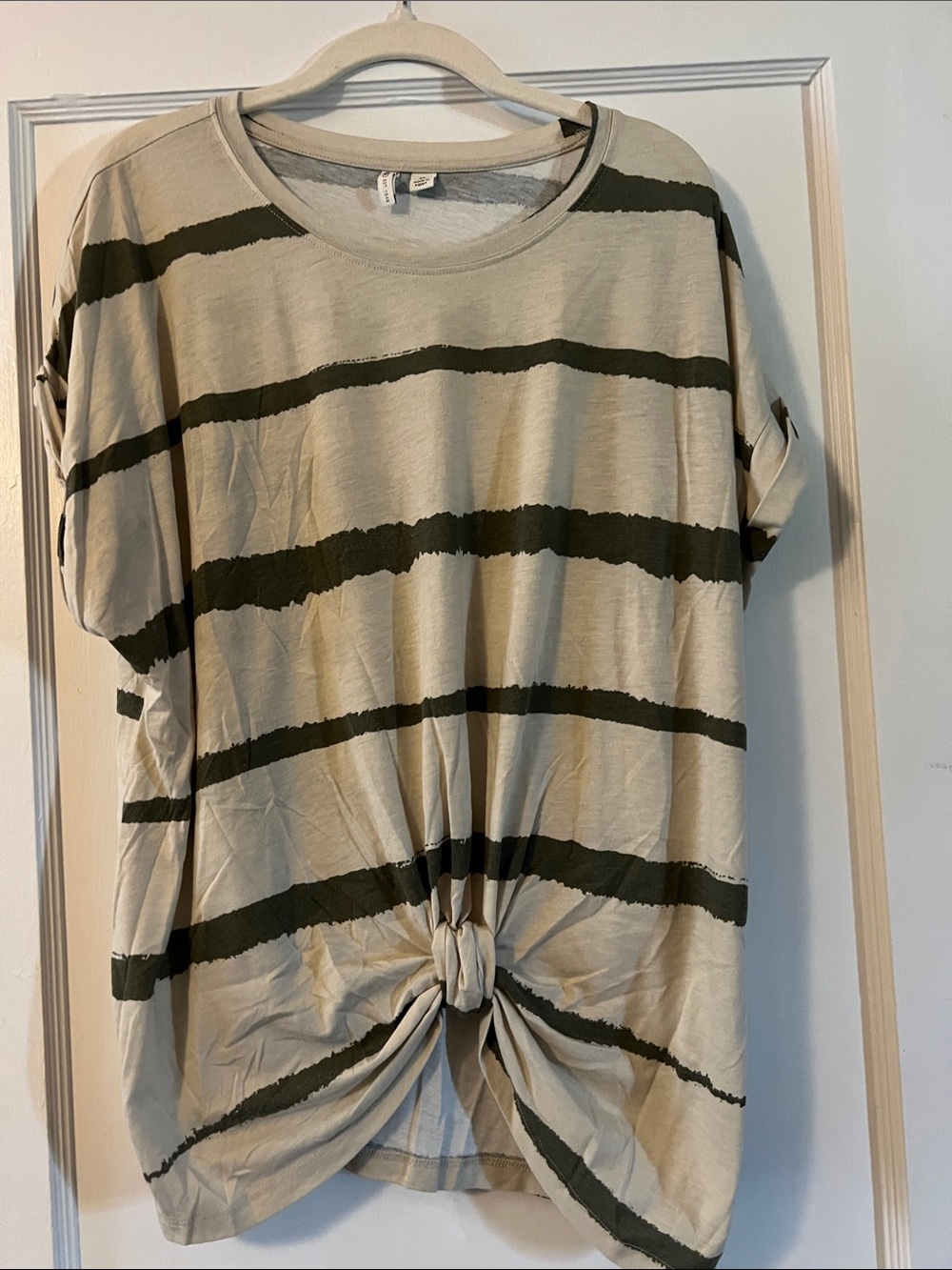 Cato Taupe Tee with Olive Horizontal Stripes and Front Knot